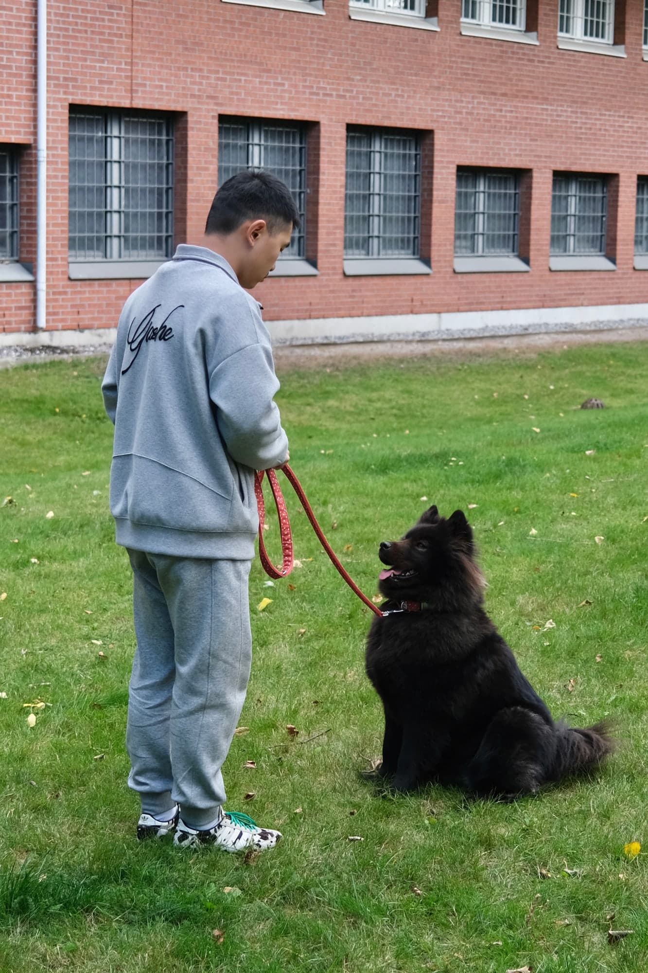 Evan working outdoors with a fluffy black dog sitting attentively beside him