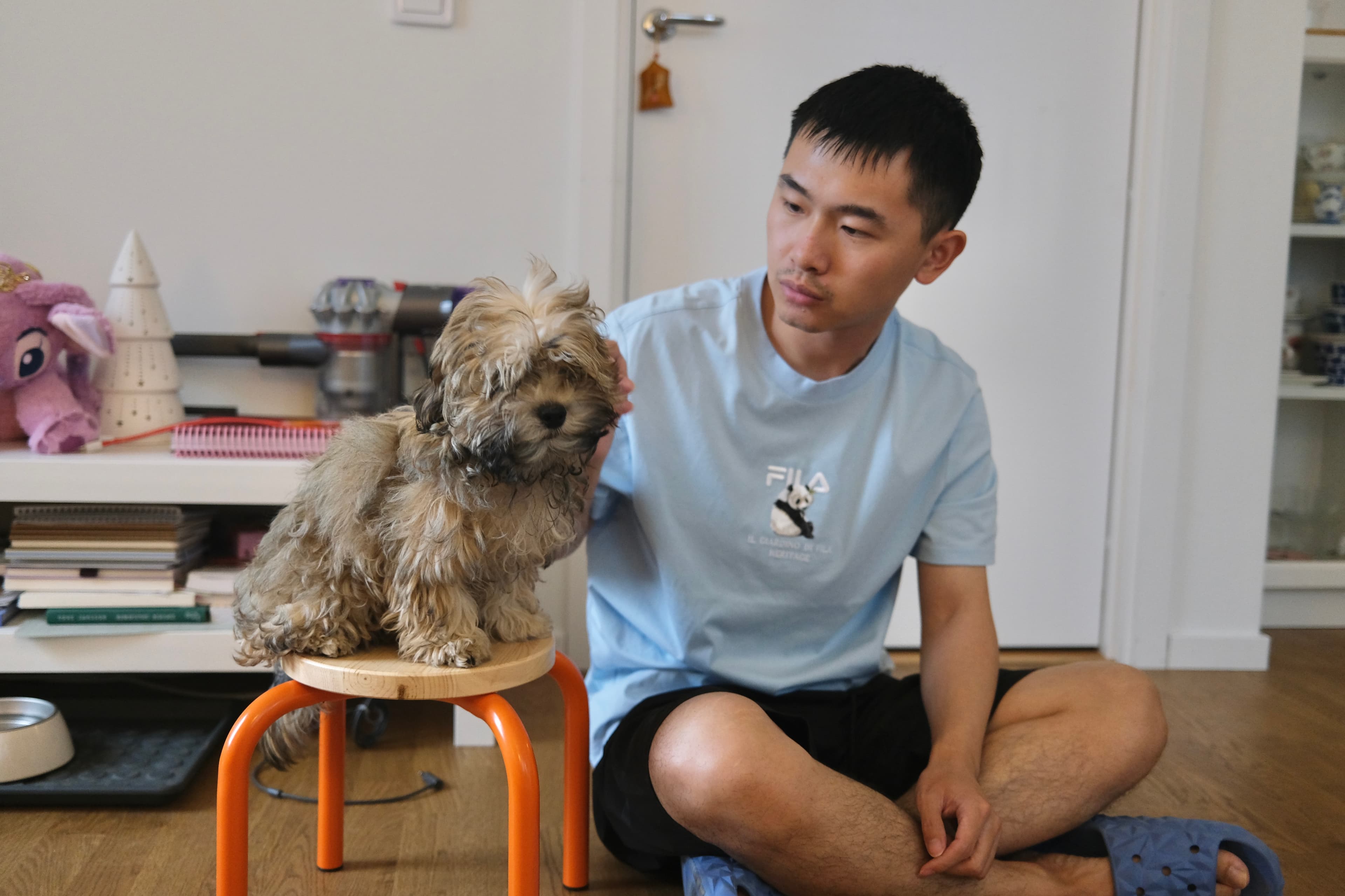 Evan sitting beside a puppy during calm indoor guidance