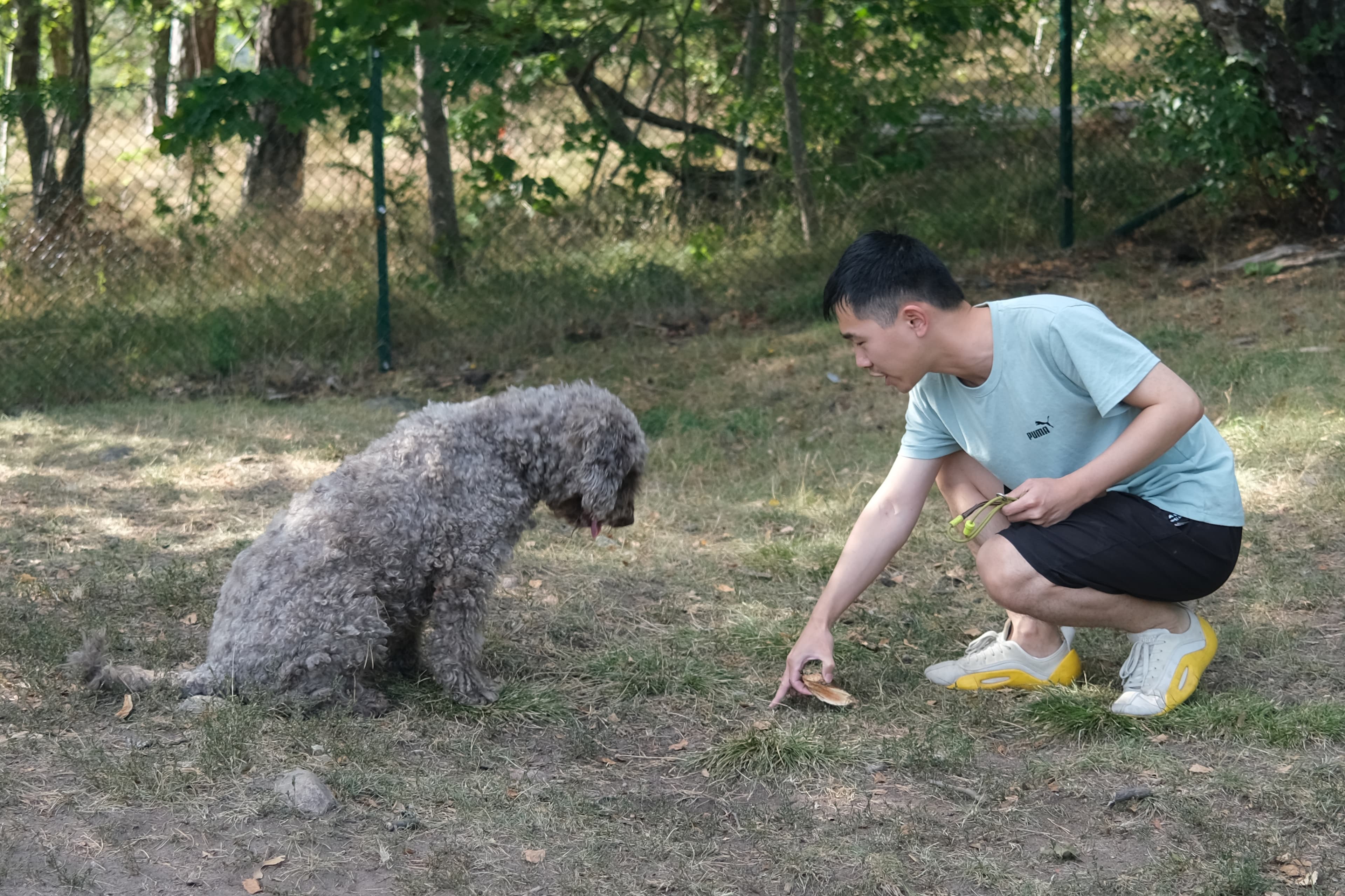 Evan crouching beside Jum Jum during a calm outdoor training session