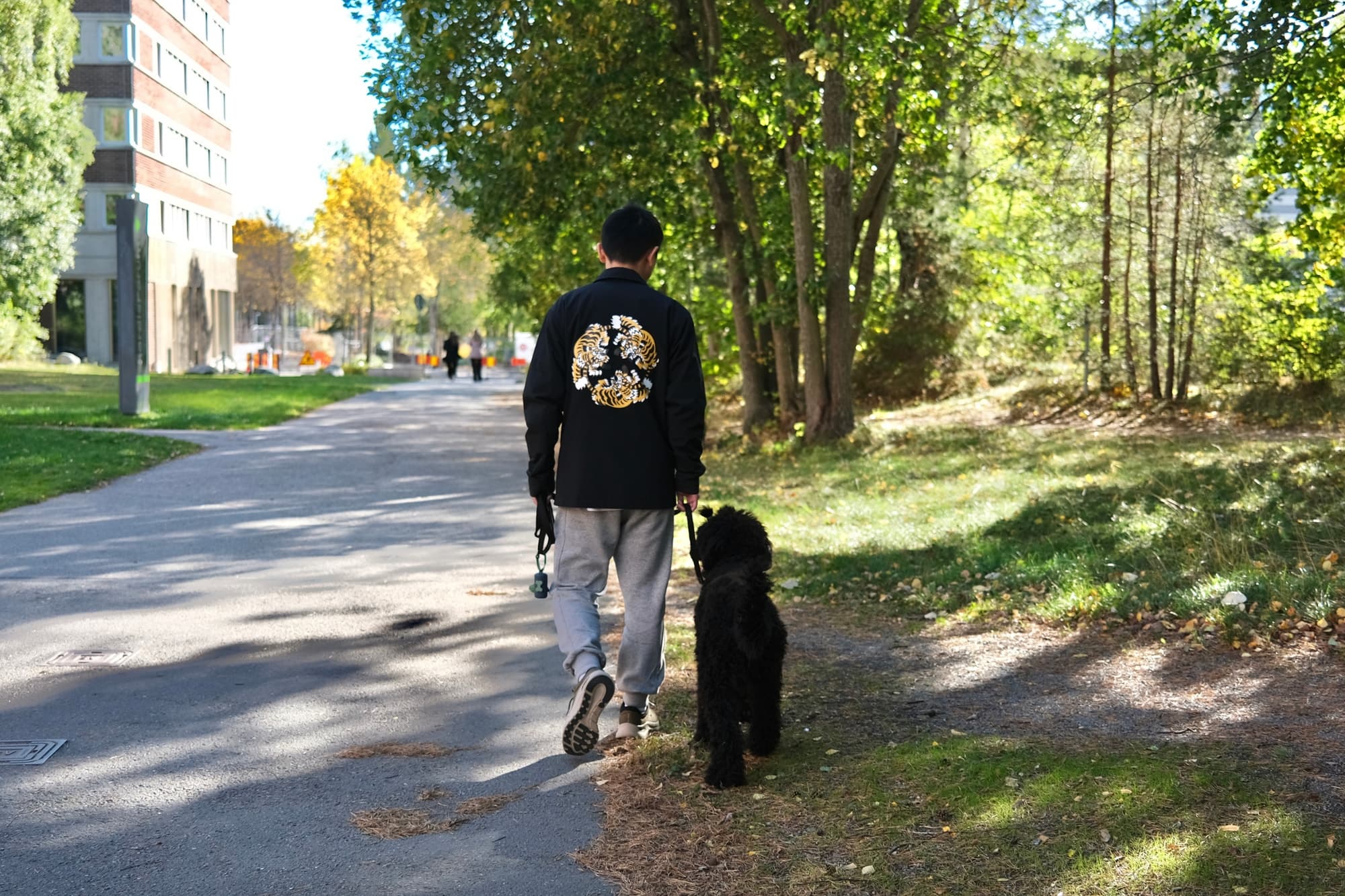 Evan and a black poodle walking together away from the camera along a tree-lined path